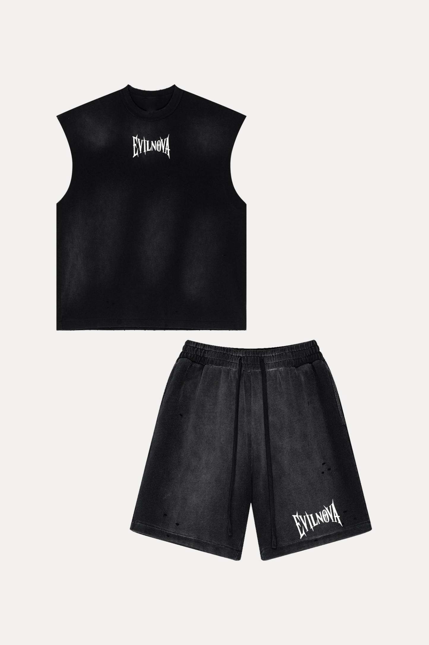Evilnova Vintage Black Washed Distressed Tank Tops & Sweatshorts Set-Evilnova