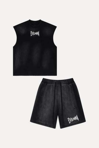 Evilnova Vintage Black Washed Distressed Tank Tops & Sweatshorts Set-Evilnova
