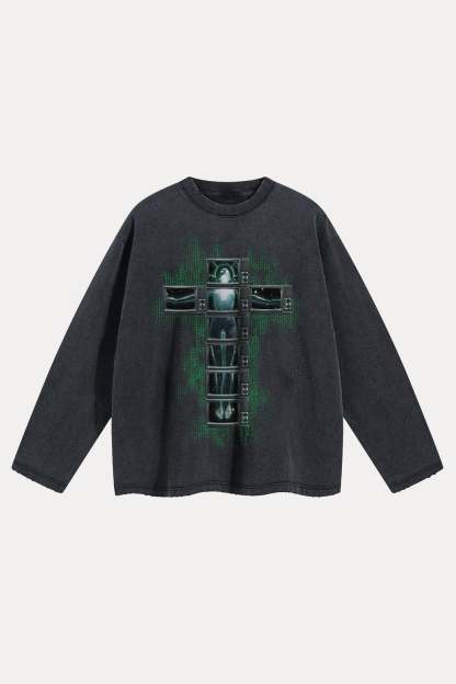 Evilnova Future Cross Distressed Washed Long Sleeve Tee-Evilnova
