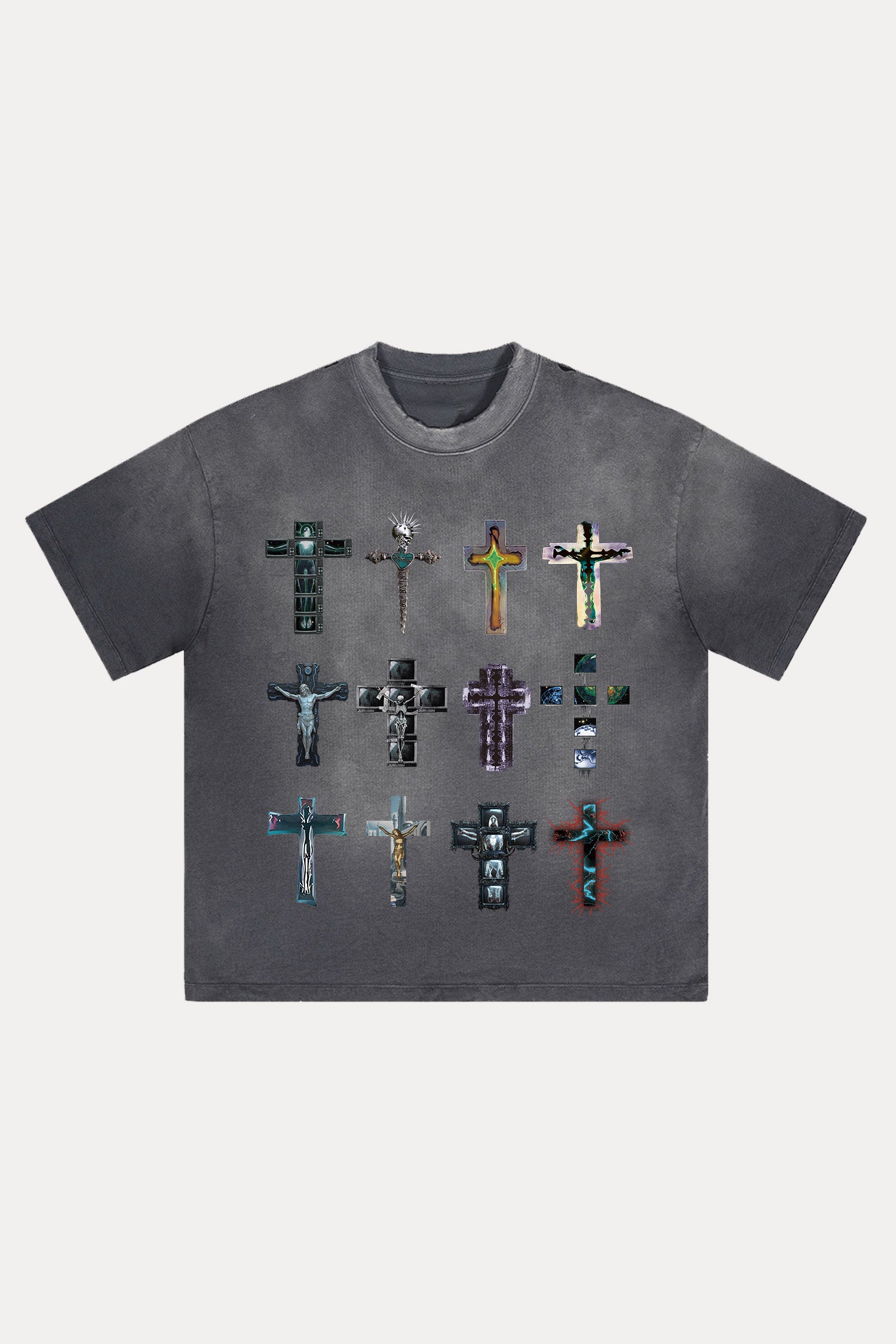 Evilnova Cyber Faith Crosses Distressed Washed T-Shirt-Evilnova