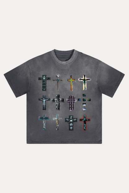 Evilnova Cyber Faith Crosses Distressed Washed T-Shirt-Evilnova
