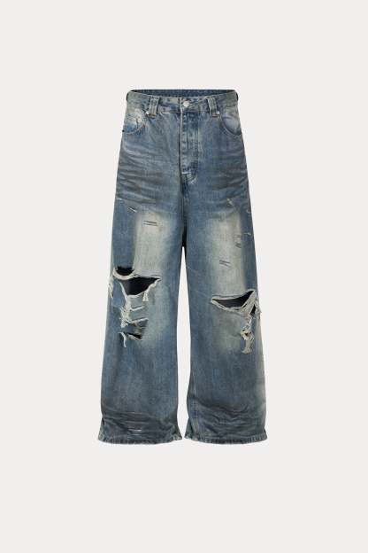 Evilnova Vintage Hole Ripped Baggy Jeans-Evilnova