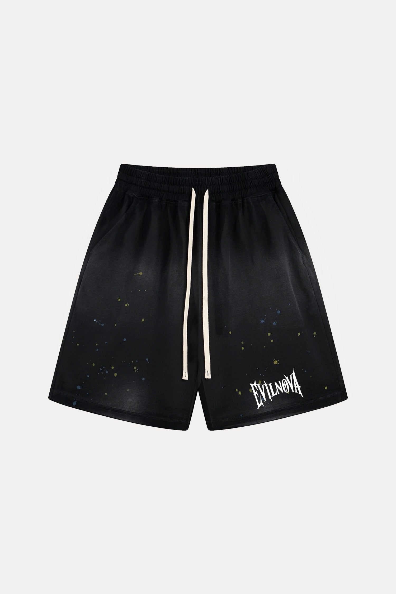 Evilnova Black Basic Logo Distressed Paint Splatter Sweatshorts-Evilnova