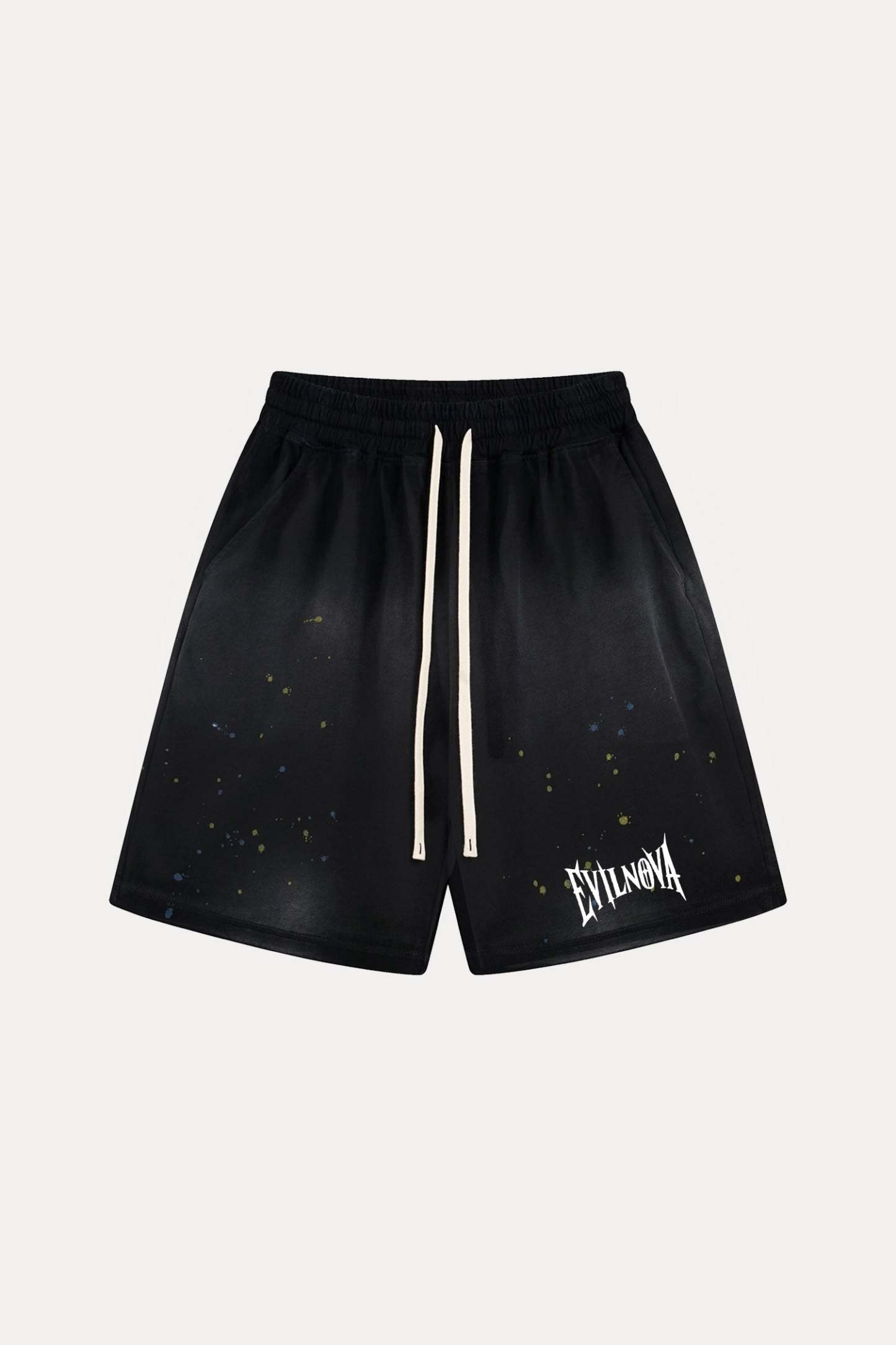 Evilnova Black Basic Logo Distressed Paint Splatter Sweatshorts-Evilnova