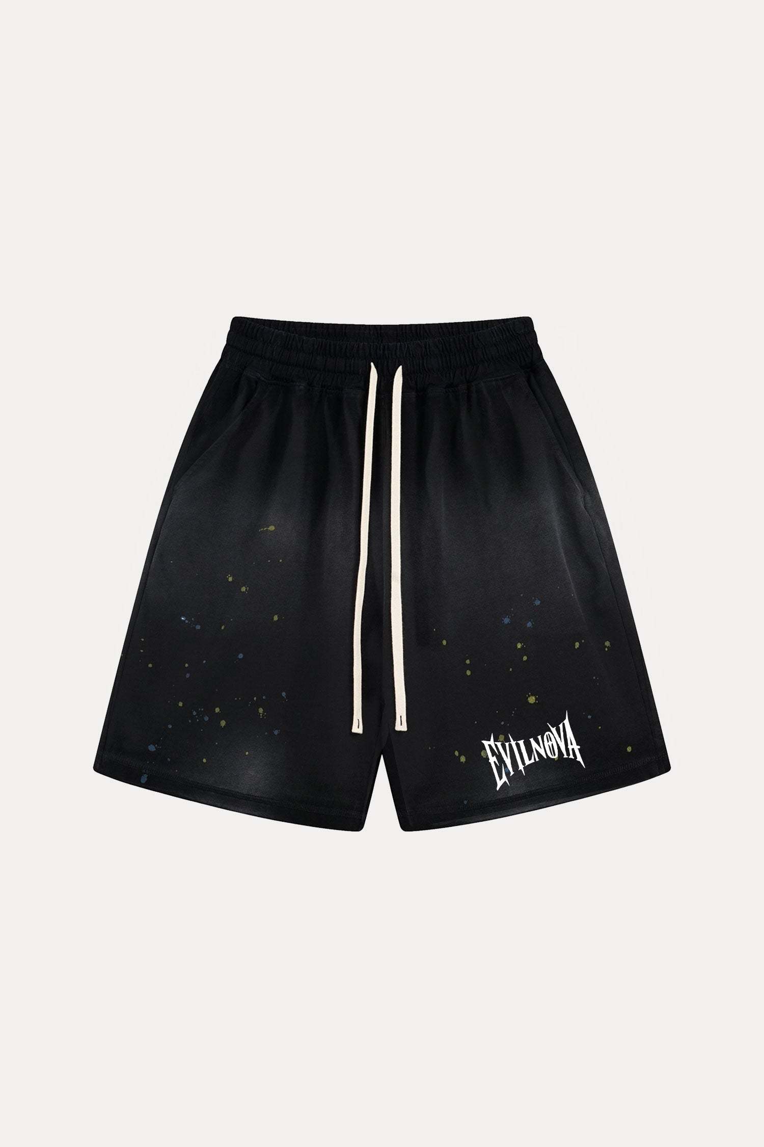 Evilnova Black Basic Logo Distressed Paint Splatter Sweatshorts-Evilnova