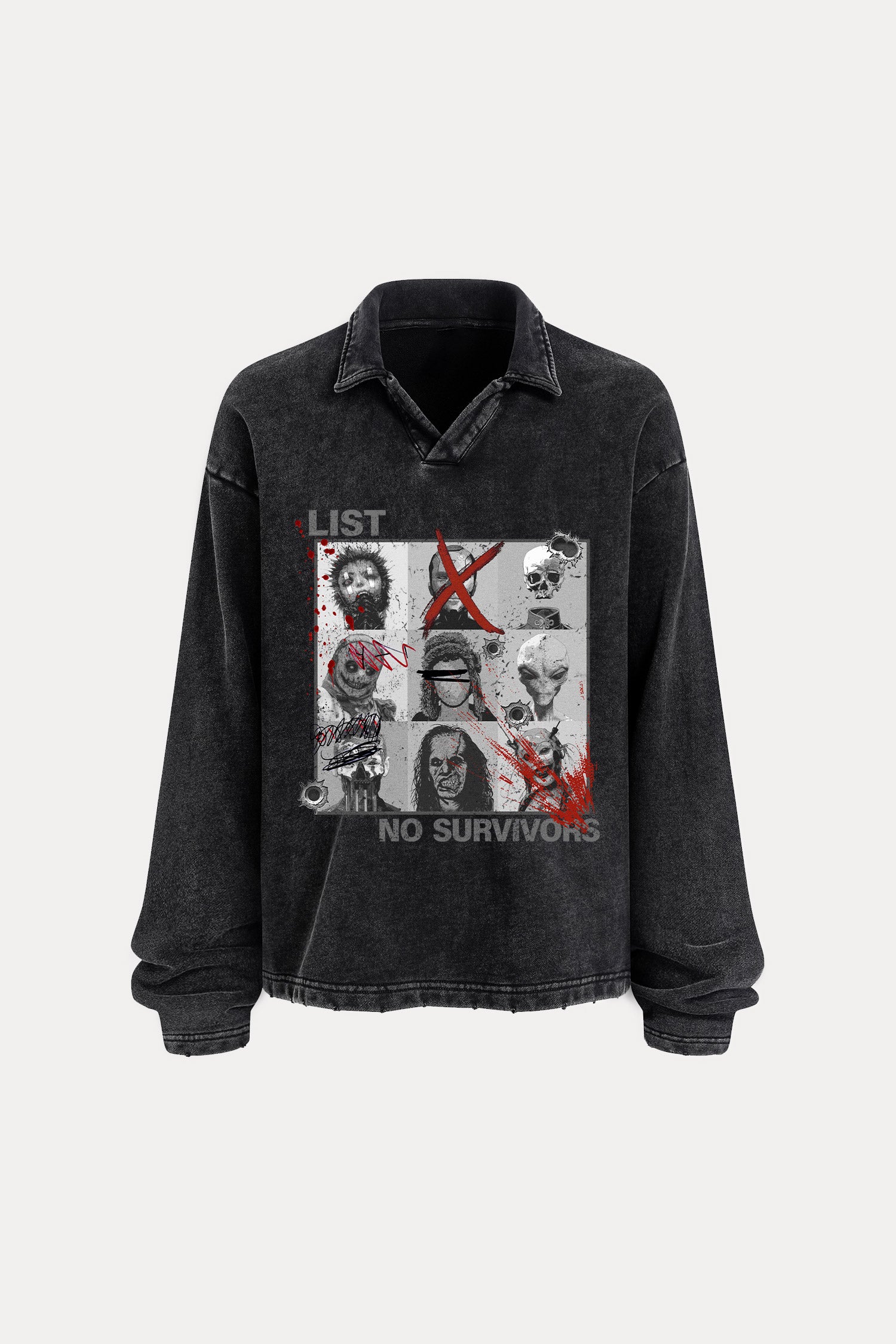 Evilnova Kill List Distressed Edge Buttonless Long Sleeve Polo Shirt-Evilnova