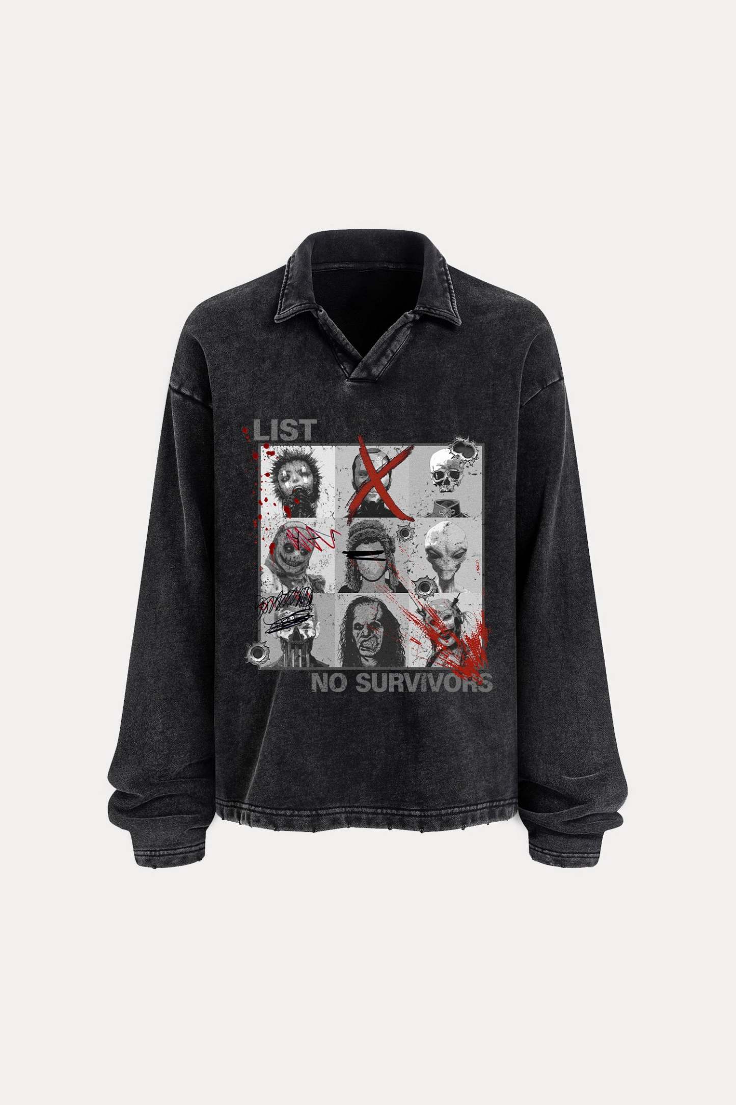 Evilnova Kill List Distressed Edge Buttonless Long Sleeve Polo Shirt-Evilnova