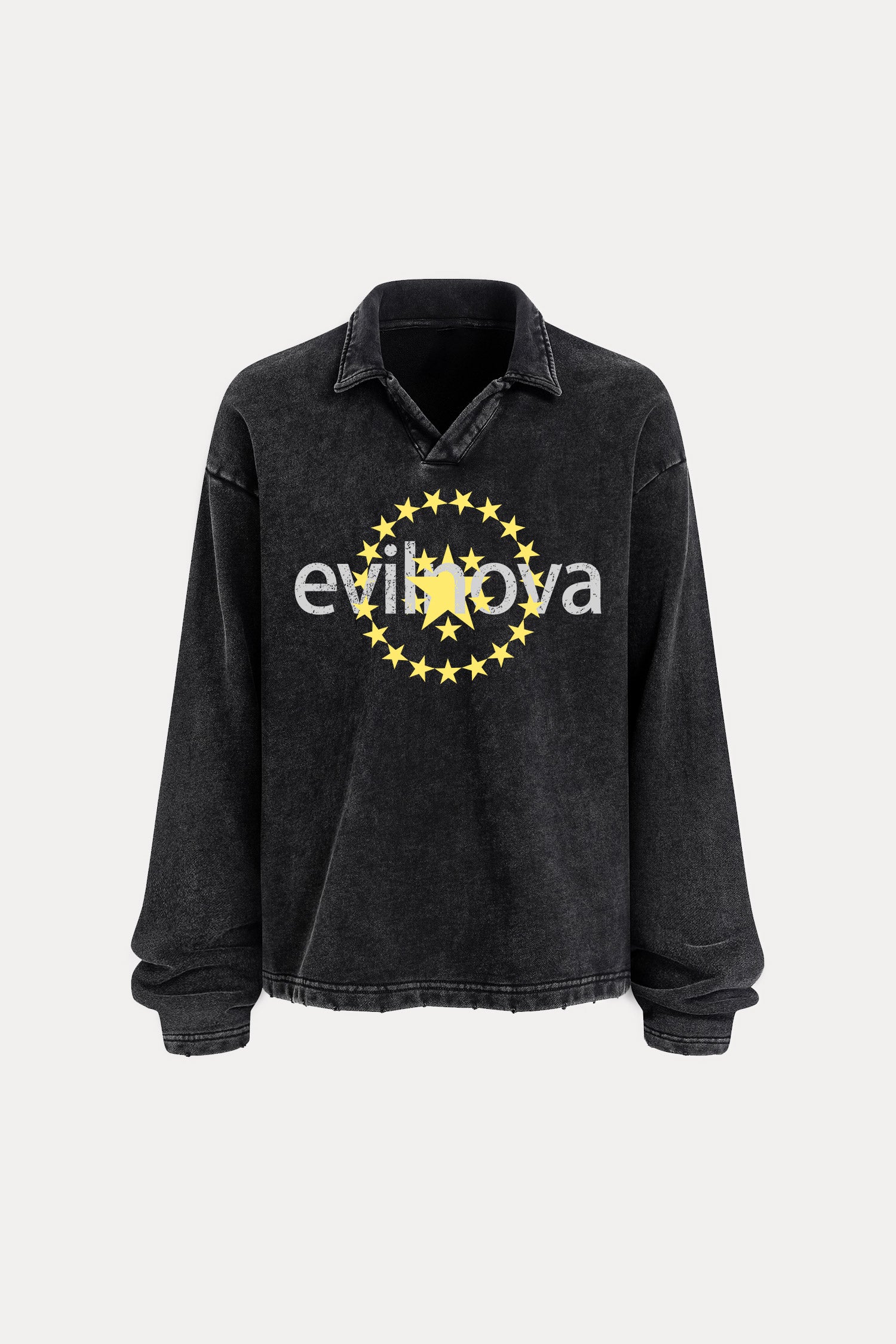 Evilnova Star Distressed Edge Buttonless Long Sleeve Polo Shirt-Evilnova