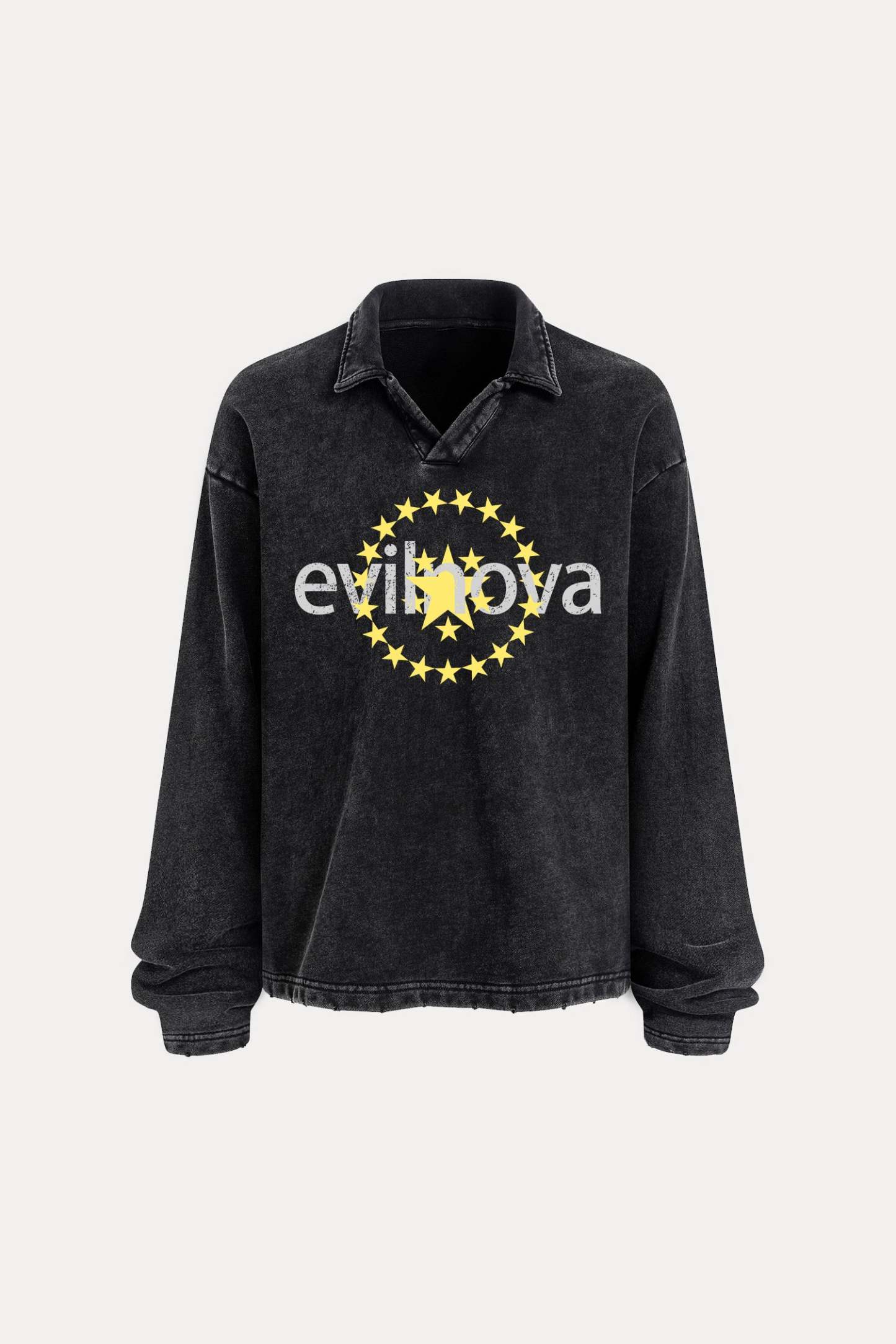 Evilnova Star Distressed Edge Buttonless Long Sleeve Polo Shirt-Evilnova