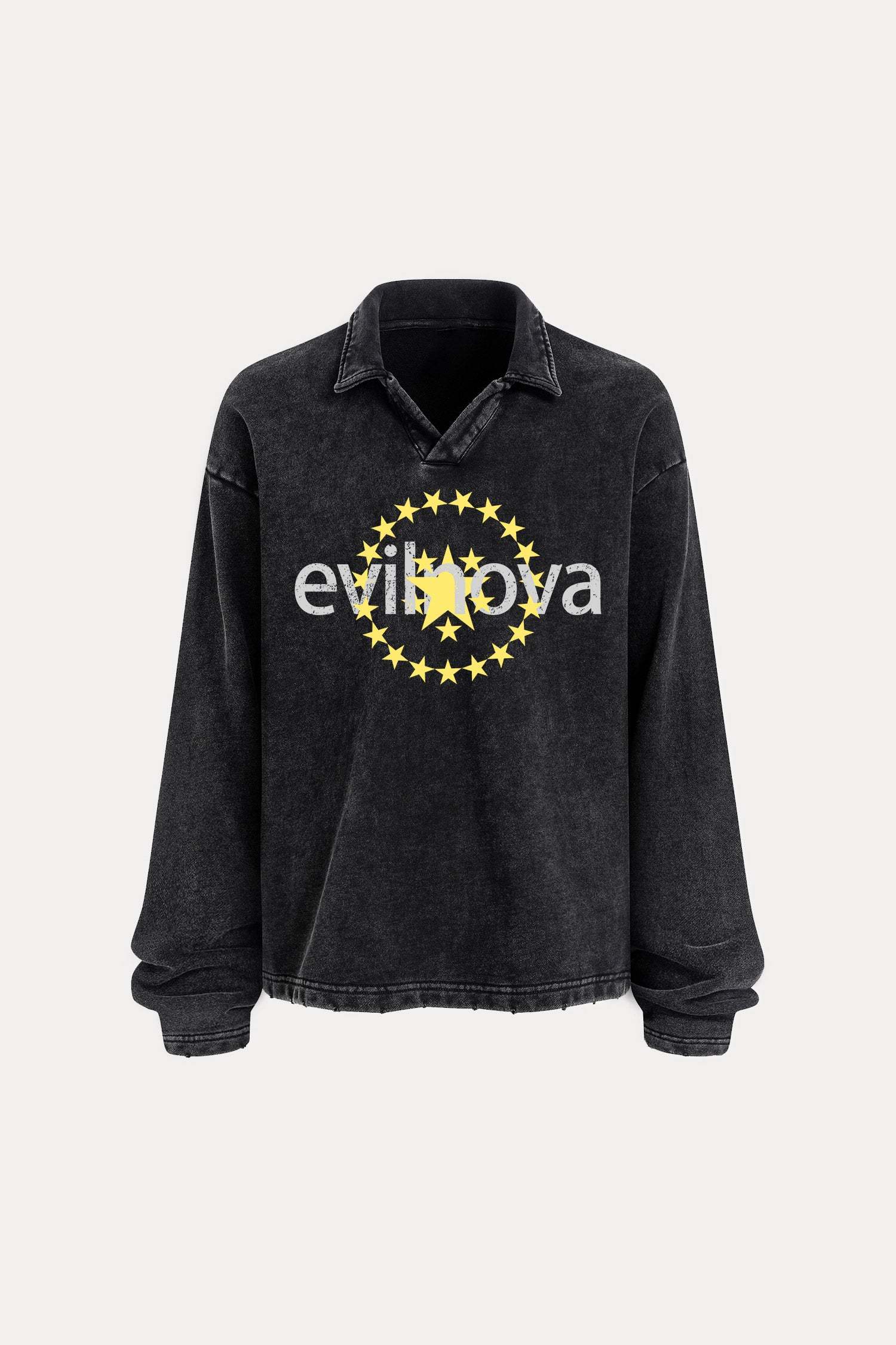Evilnova Star Distressed Edge Buttonless Long Sleeve Polo Shirt-Evilnova