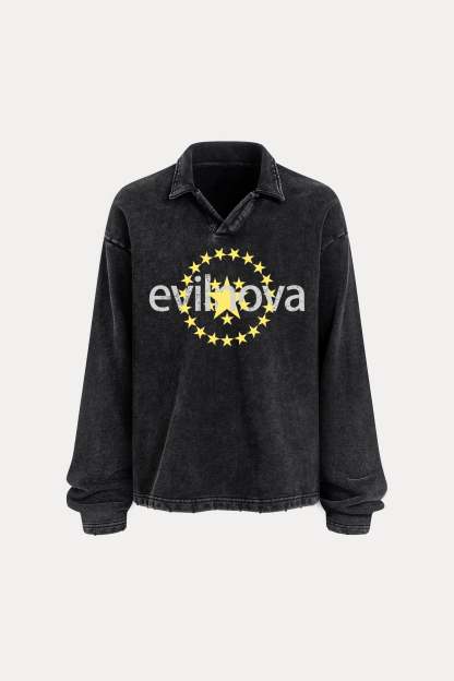 Evilnova Star Distressed Edge Buttonless Long Sleeve Polo Shirt-Evilnova