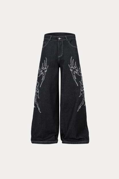 Evilnova Embroidered Baggy Raw Jeans-Evilnova