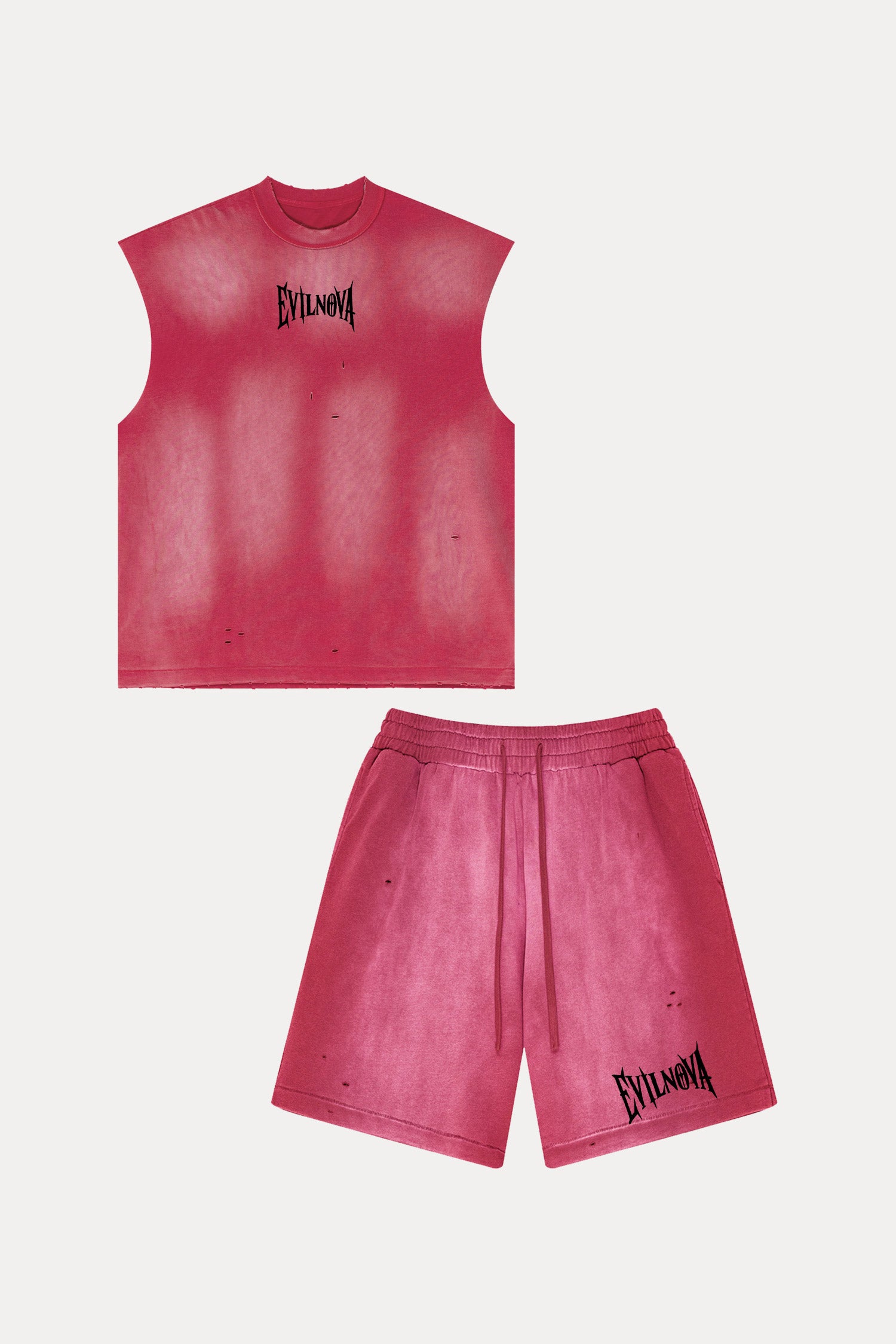 Evilnova Vintage Red Washed Distressed Tank Top & Sweatshorts Set-Evilnova