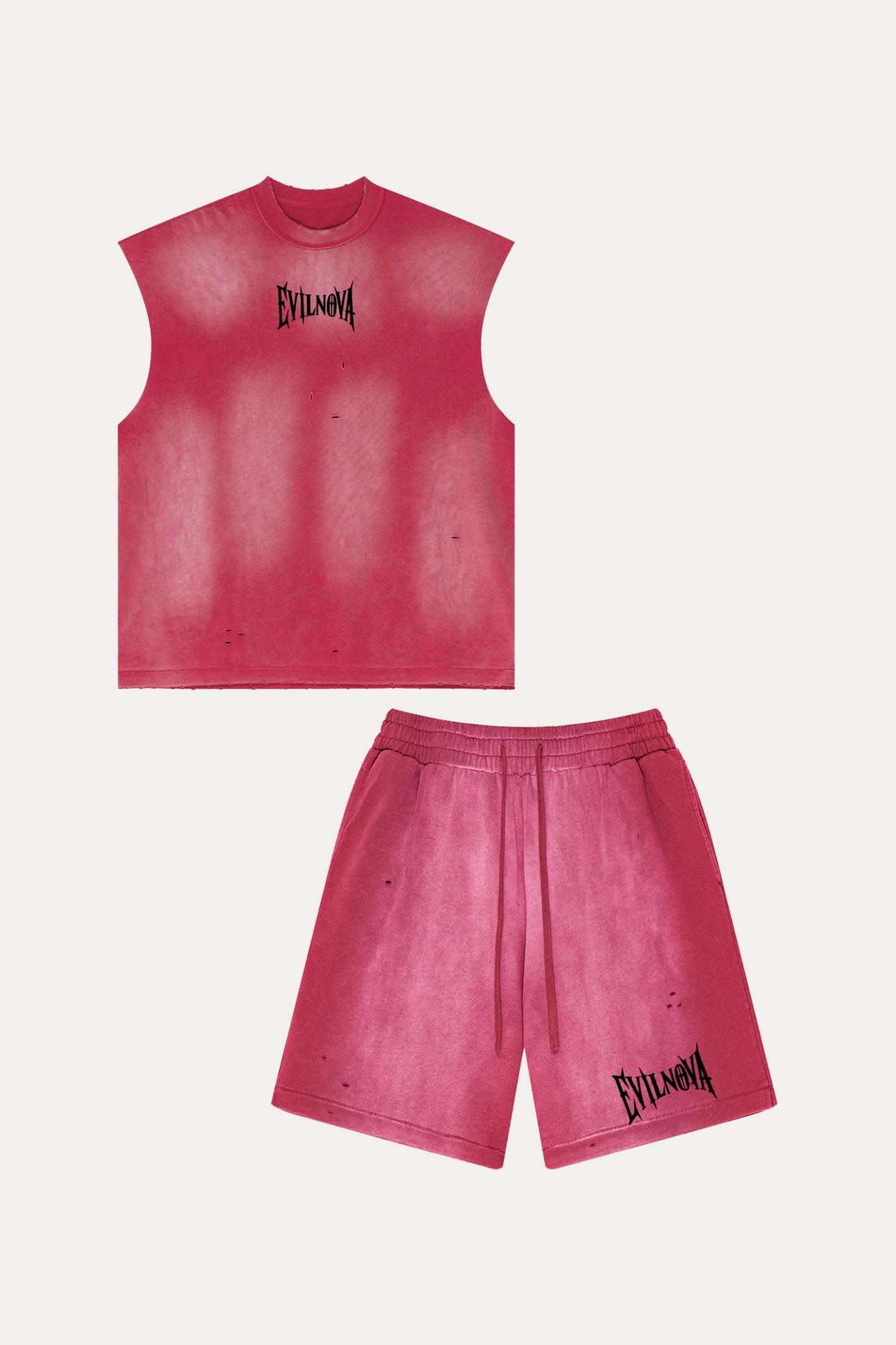 Evilnova Vintage Red Washed Distressed Tank Top & Sweatshorts Set-Evilnova