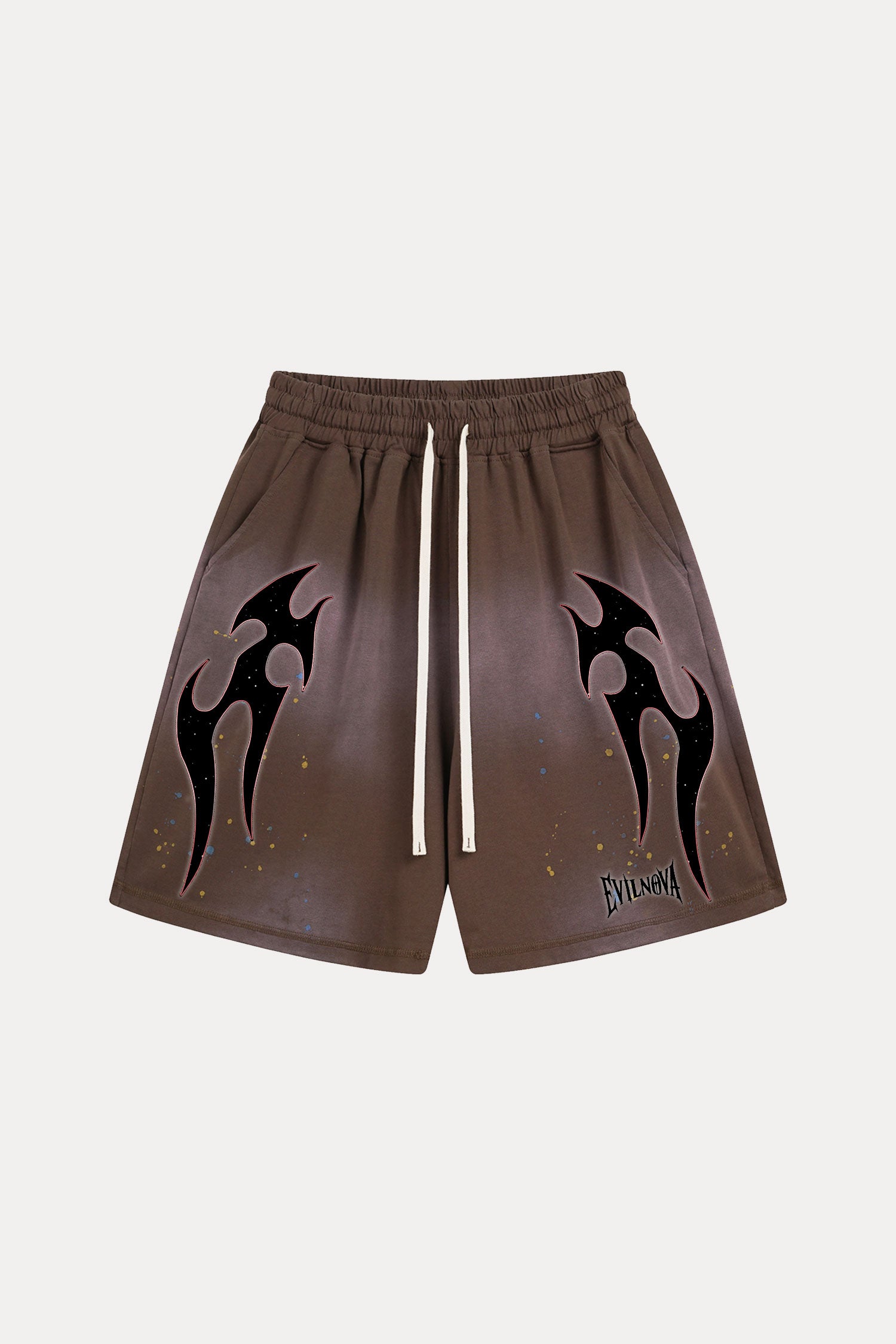 Evilnova Coffee Flame Distressed Paint Splatter Sweatshorts-Evilnova