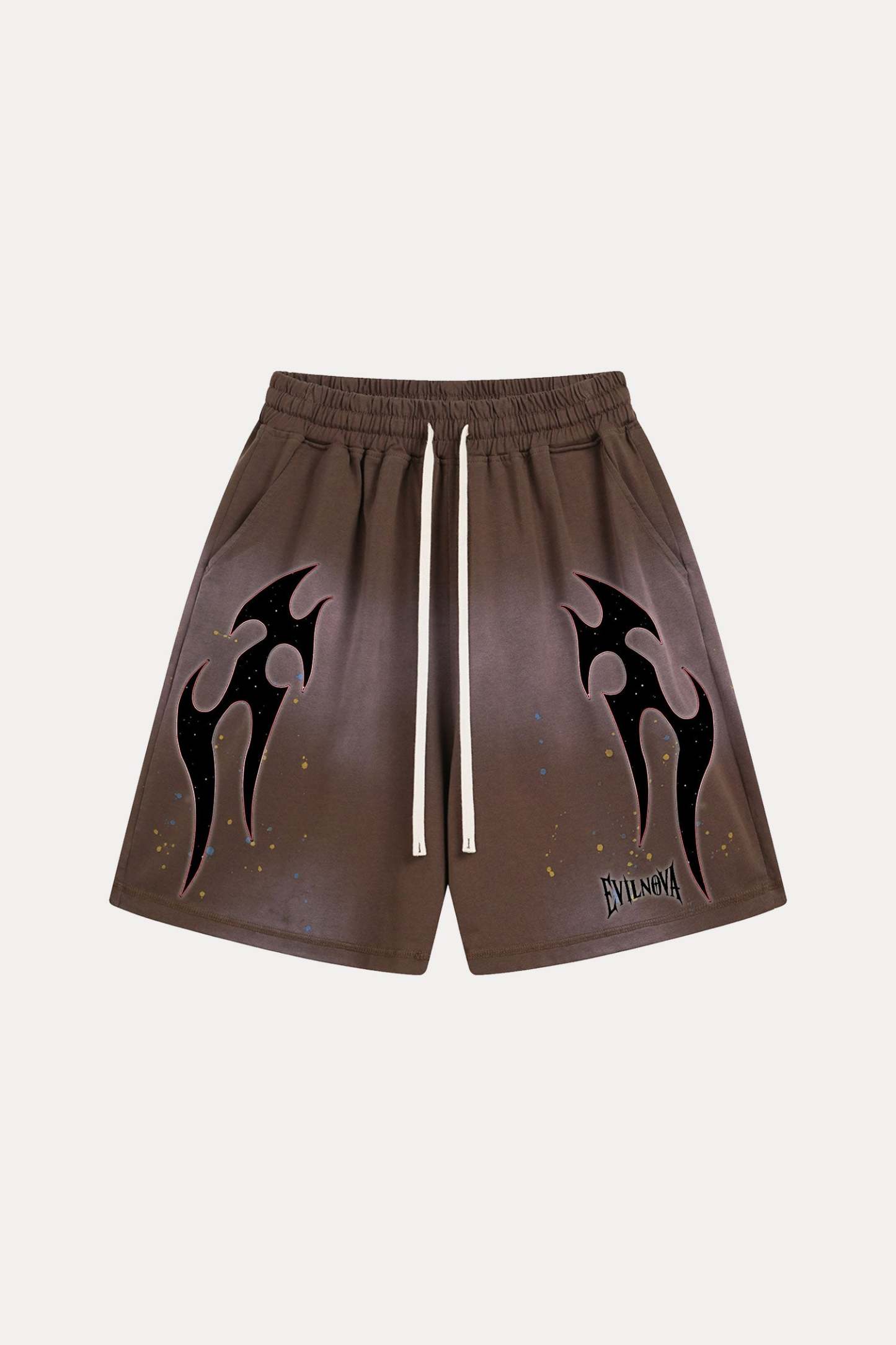 Evilnova Coffee Flame Distressed Paint Splatter Sweatshorts-Evilnova