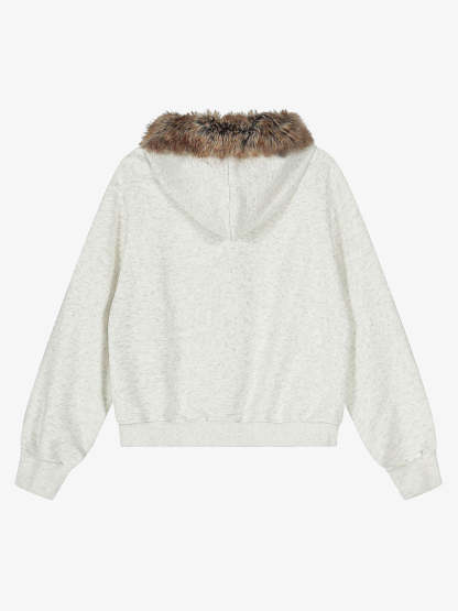 Evilnova Retro Fur Collar Cartoon Pattern Zip Up Hoodie