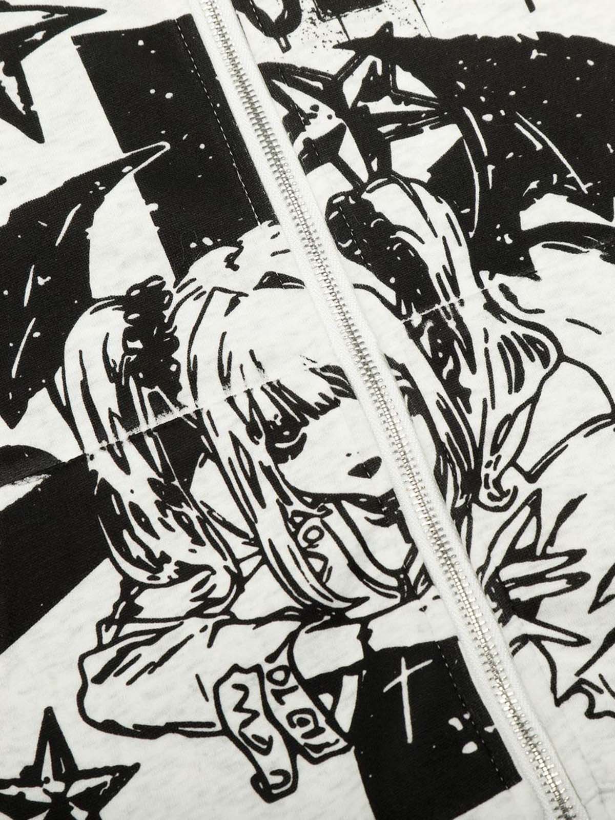 Evilnova Retro Fur Collar Cartoon Pattern Zip Up Hoodie