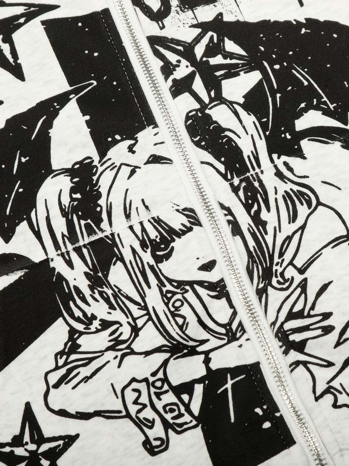 Evilnova Retro Fur Collar Cartoon Pattern Zip Up Hoodie