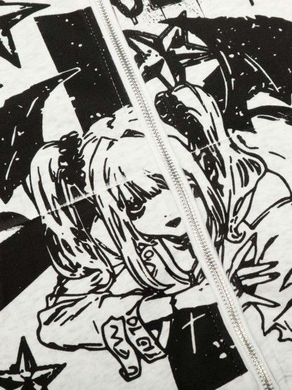 Evilnova Retro Fur Collar Cartoon Pattern Zip Up Hoodie