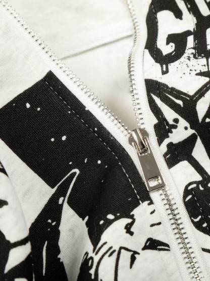 Evilnova Retro Fur Collar Cartoon Pattern Zip Up Hoodie