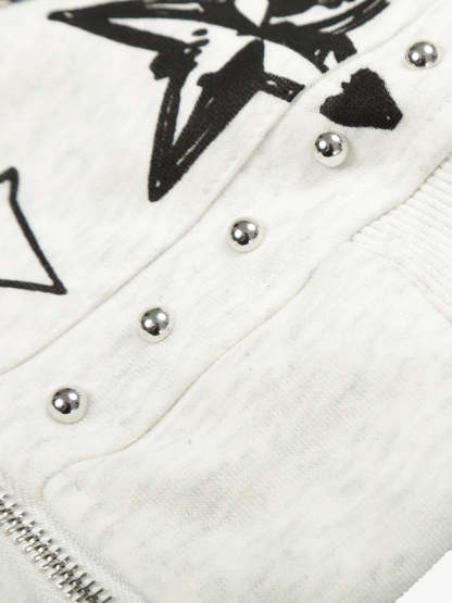 Evilnova Retro Fur Collar Cartoon Pattern Zip Up Hoodie