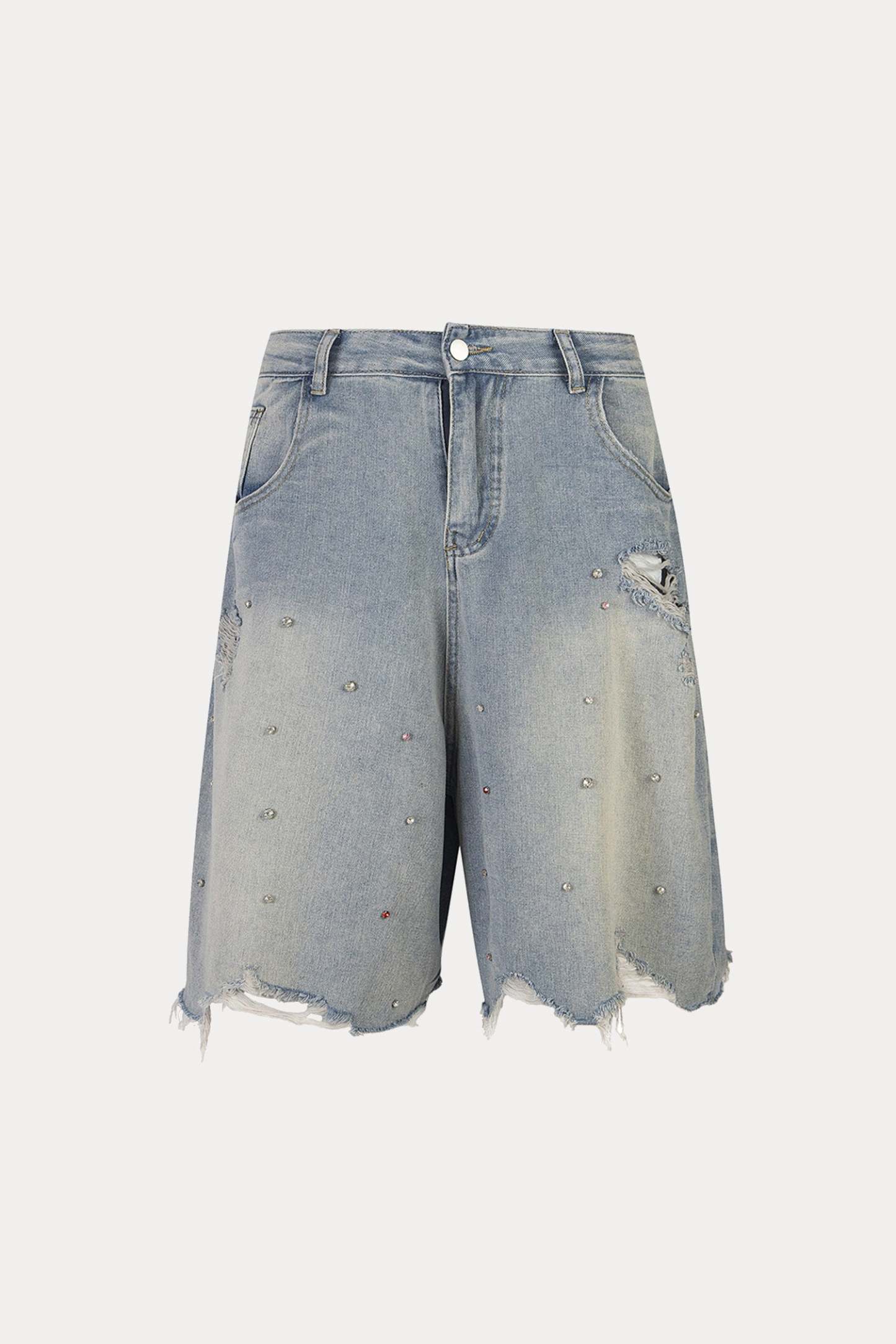 Evilnova Raw Washed Distressed Rhinestone Denim Shorts-Evilnova