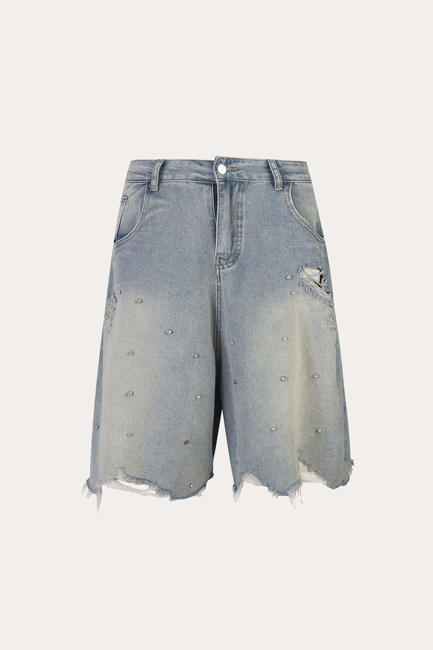 Evilnova Raw Washed Distressed Rhinestone Denim Shorts-Evilnova