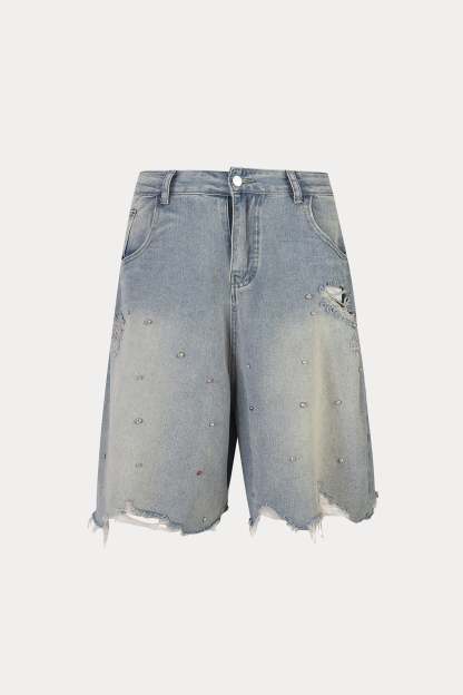 Evilnova Raw Washed Distressed Rhinestone Denim Shorts-Evilnova