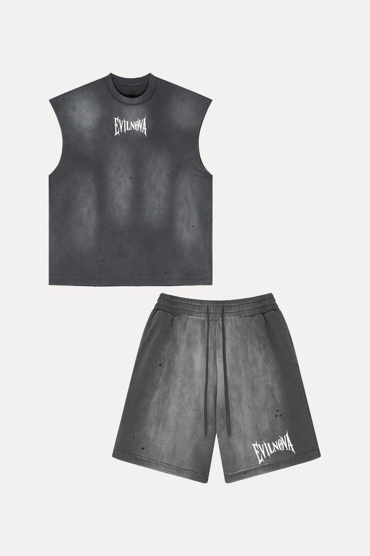 Evilnova Vintage Dark Gray Washed Distressed Tank Top & Sweatshorts Set-Evilnova