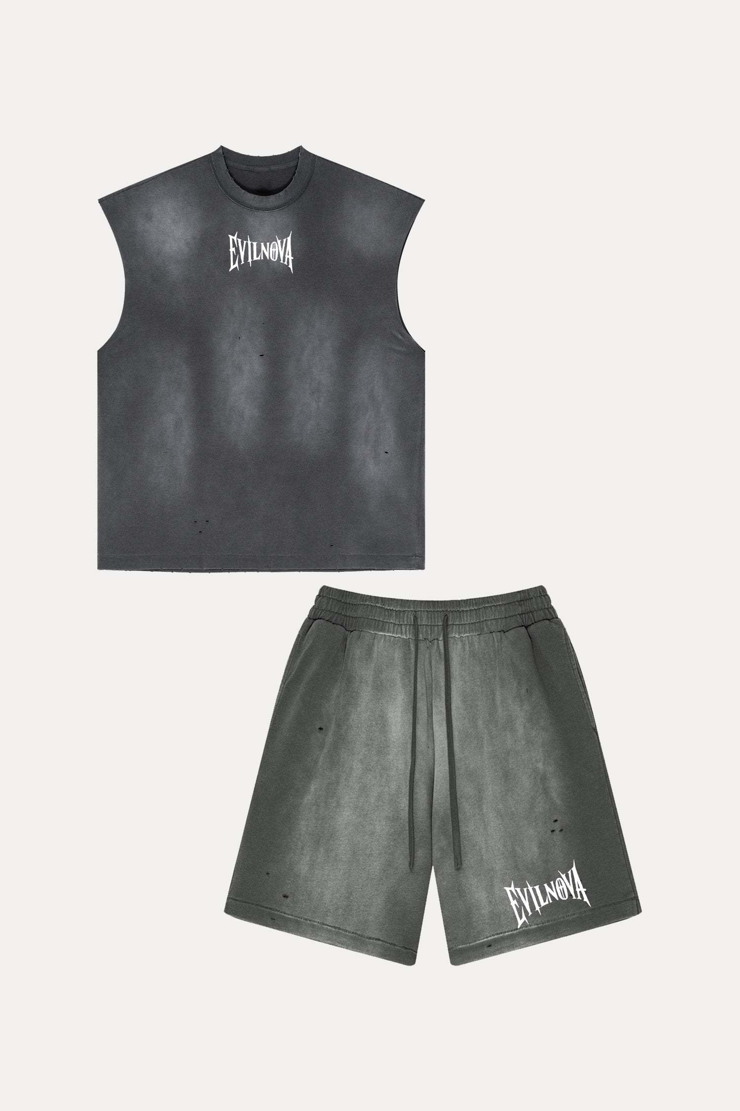 Evilnova Vintage Dark Gray Washed Distressed Tank Top & Sweatshorts Set-Evilnova