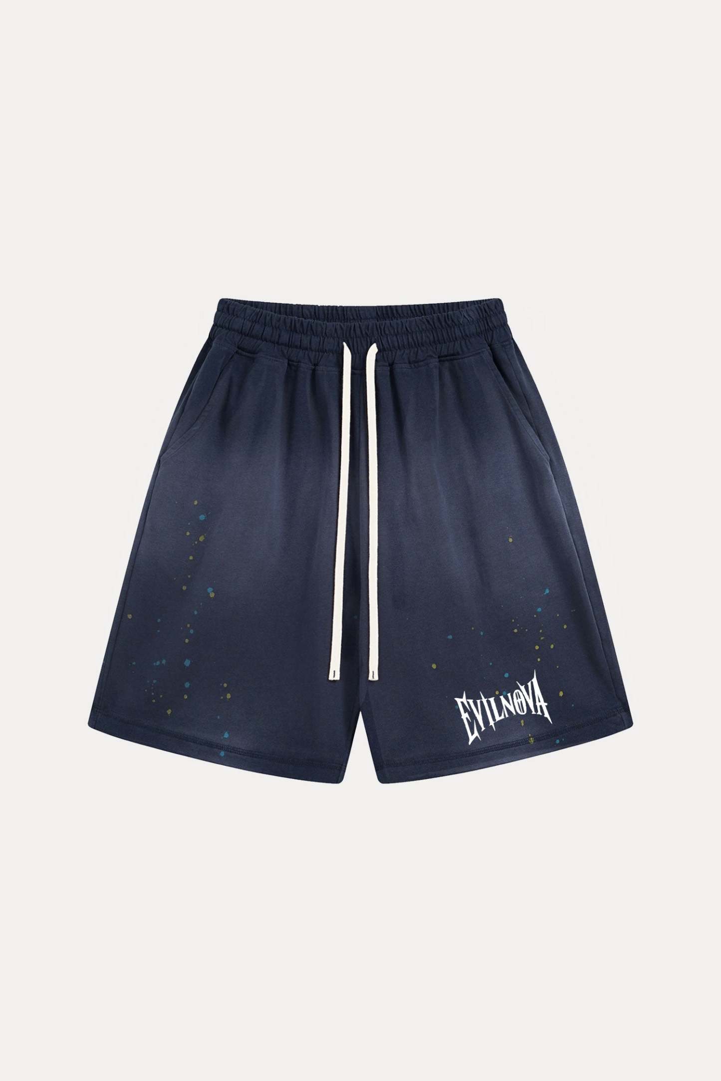 Evilnova Navy Basic Logo Distressed Paint Splatter Sweatshorts-Evilnova
