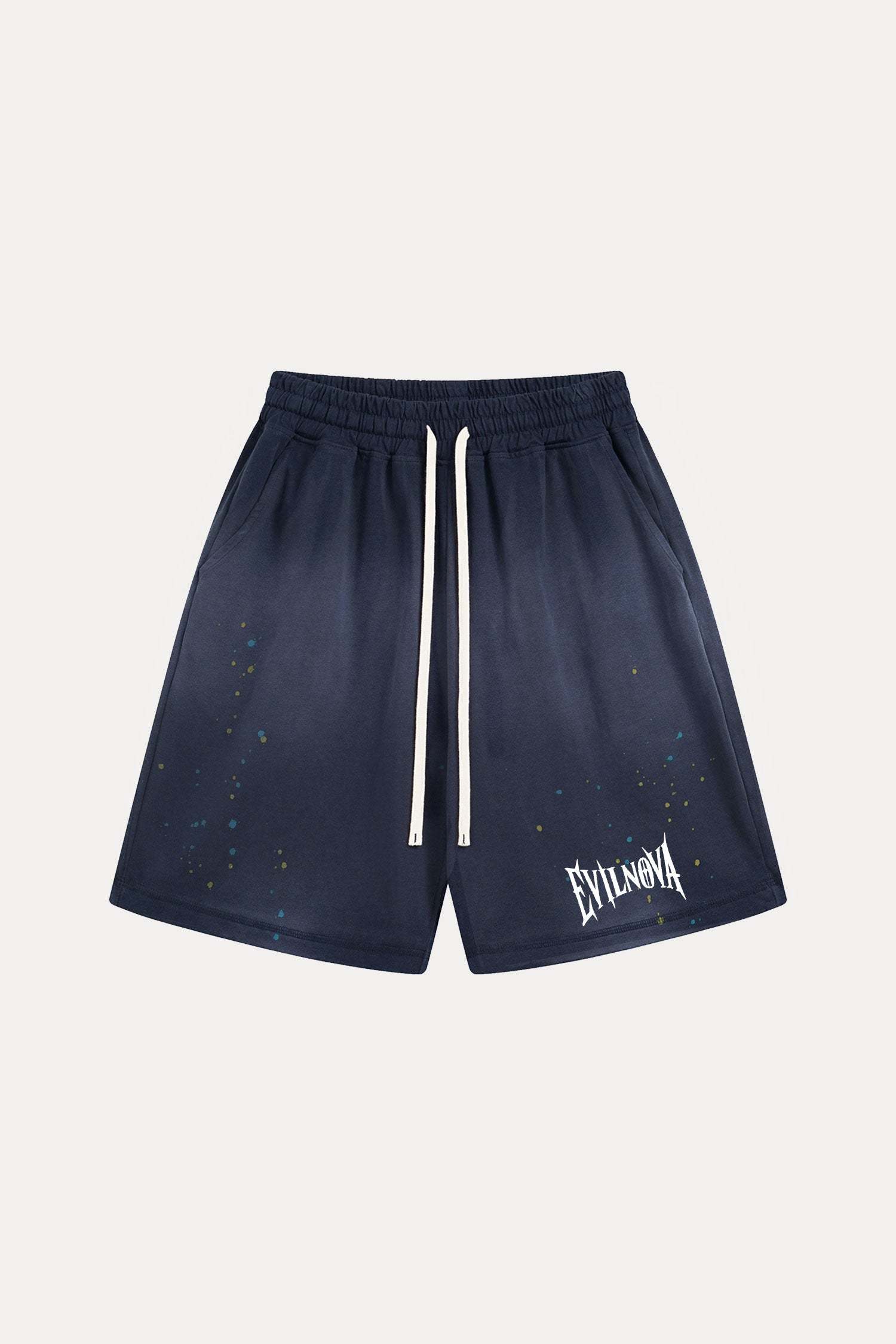 Evilnova Navy Basic Logo Distressed Paint Splatter Sweatshorts-Evilnova
