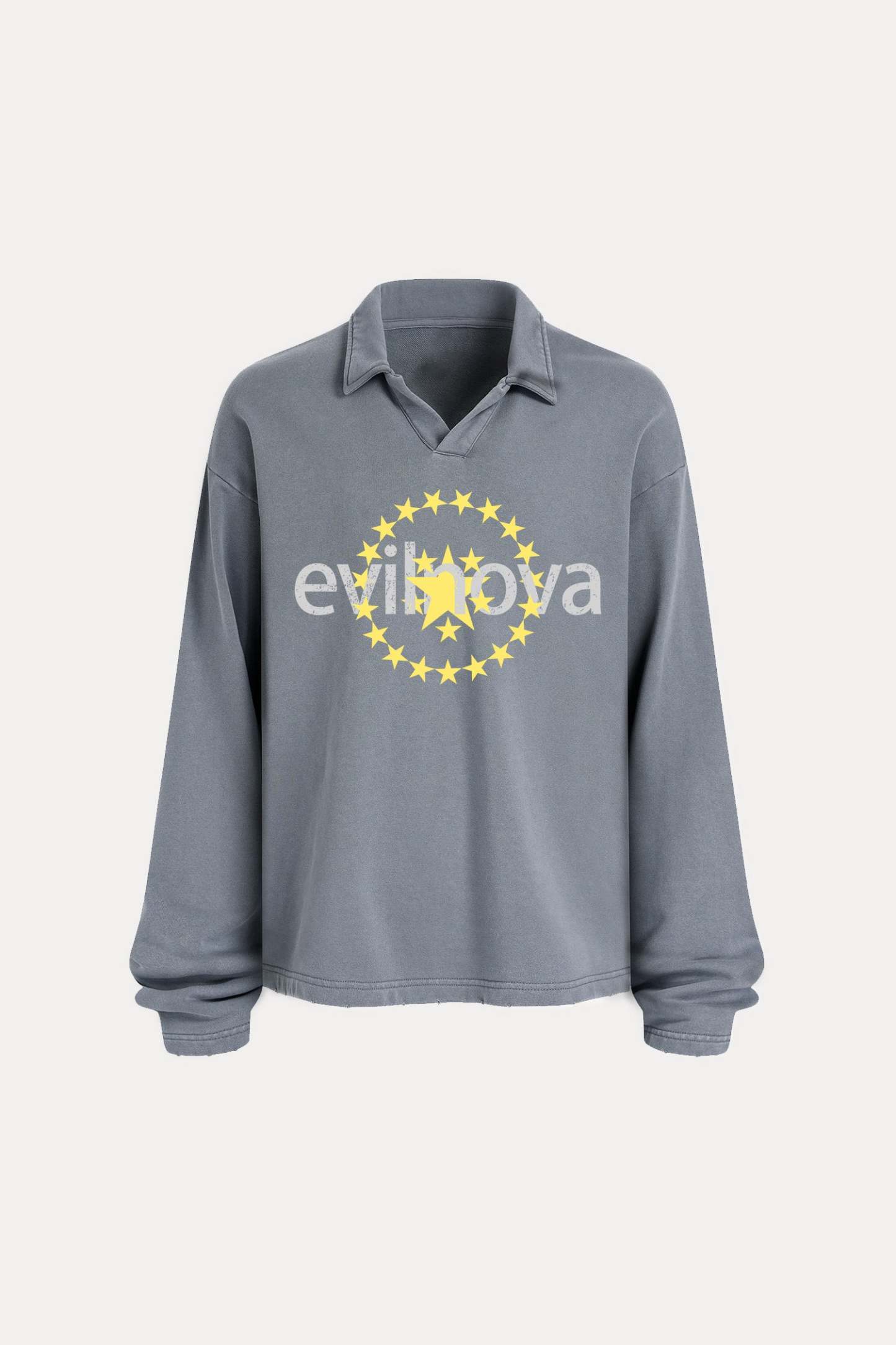 Evilnova Star Distressed Edge Buttonless Long Sleeve Polo Shirt-Evilnova