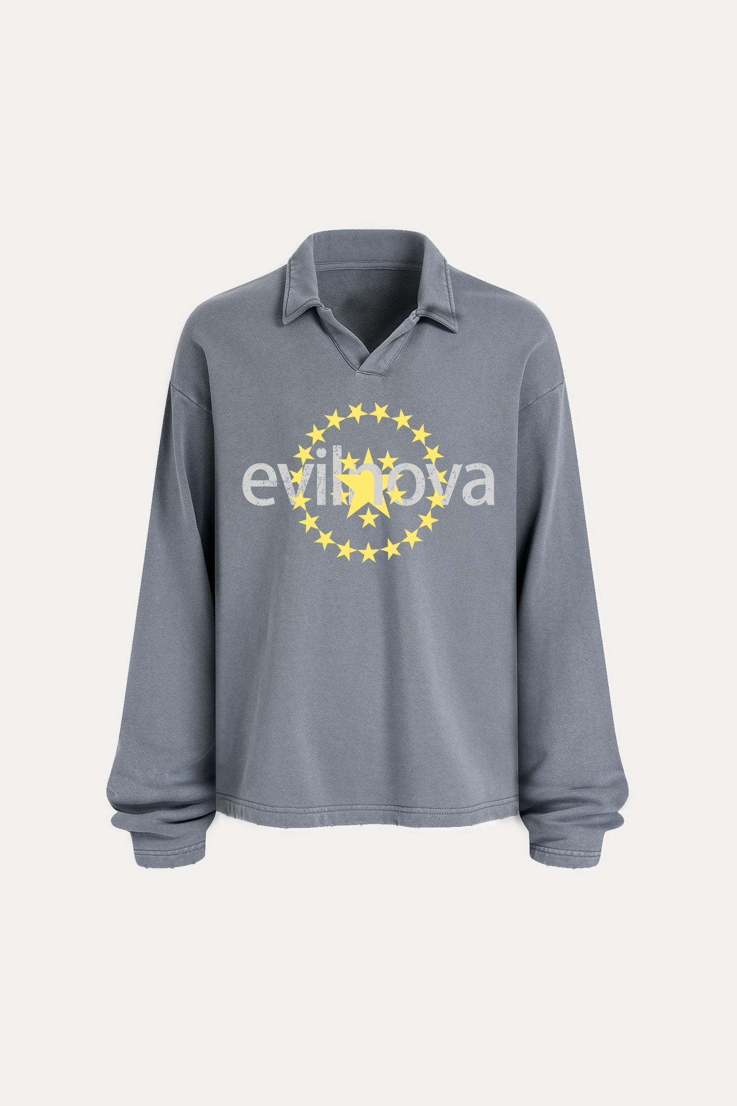 Evilnova Star Distressed Edge Buttonless Long Sleeve Polo Shirt-Evilnova