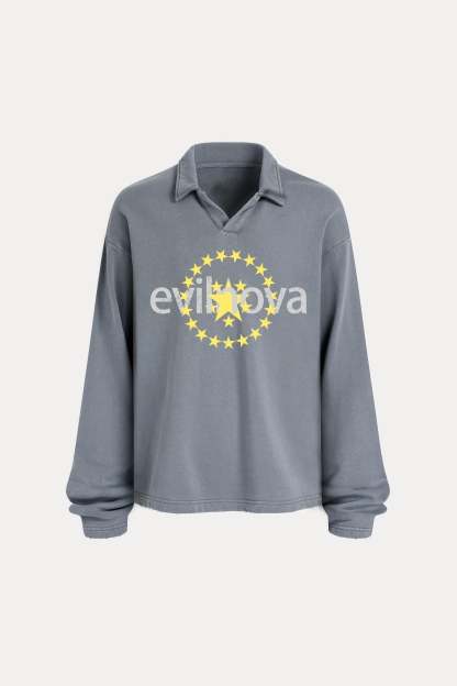 Evilnova Star Distressed Edge Buttonless Long Sleeve Polo Shirt-Evilnova