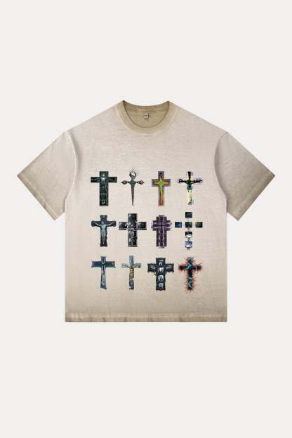 Evilnova Cyber Faith Crosses Gradient Washed T-Shirt-Evilnova