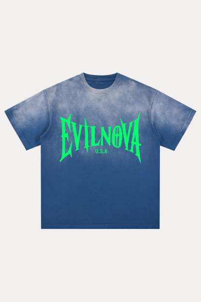 Evilnova Navy U.S.A Logo Distressed Washed T-Shirt-Evilnova