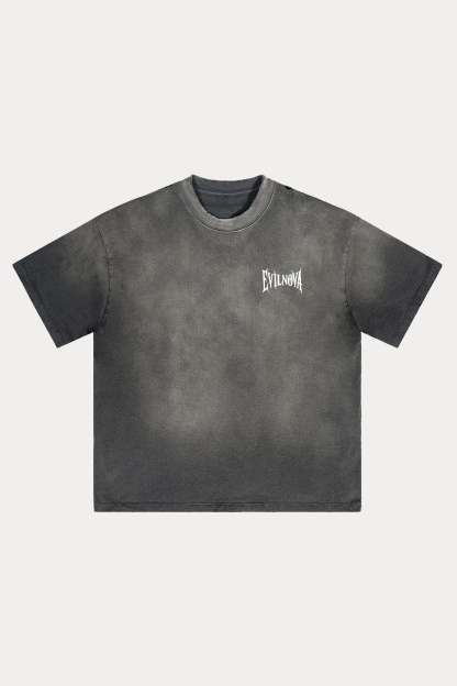Evilnova Dark Gray Basic Logo Distressed Washed T-Shirt-Evilnova