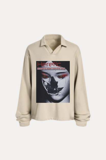 Evilnova Heretic Distressed Edge Buttonless Long Sleeve Polo Shirt-Evilnova