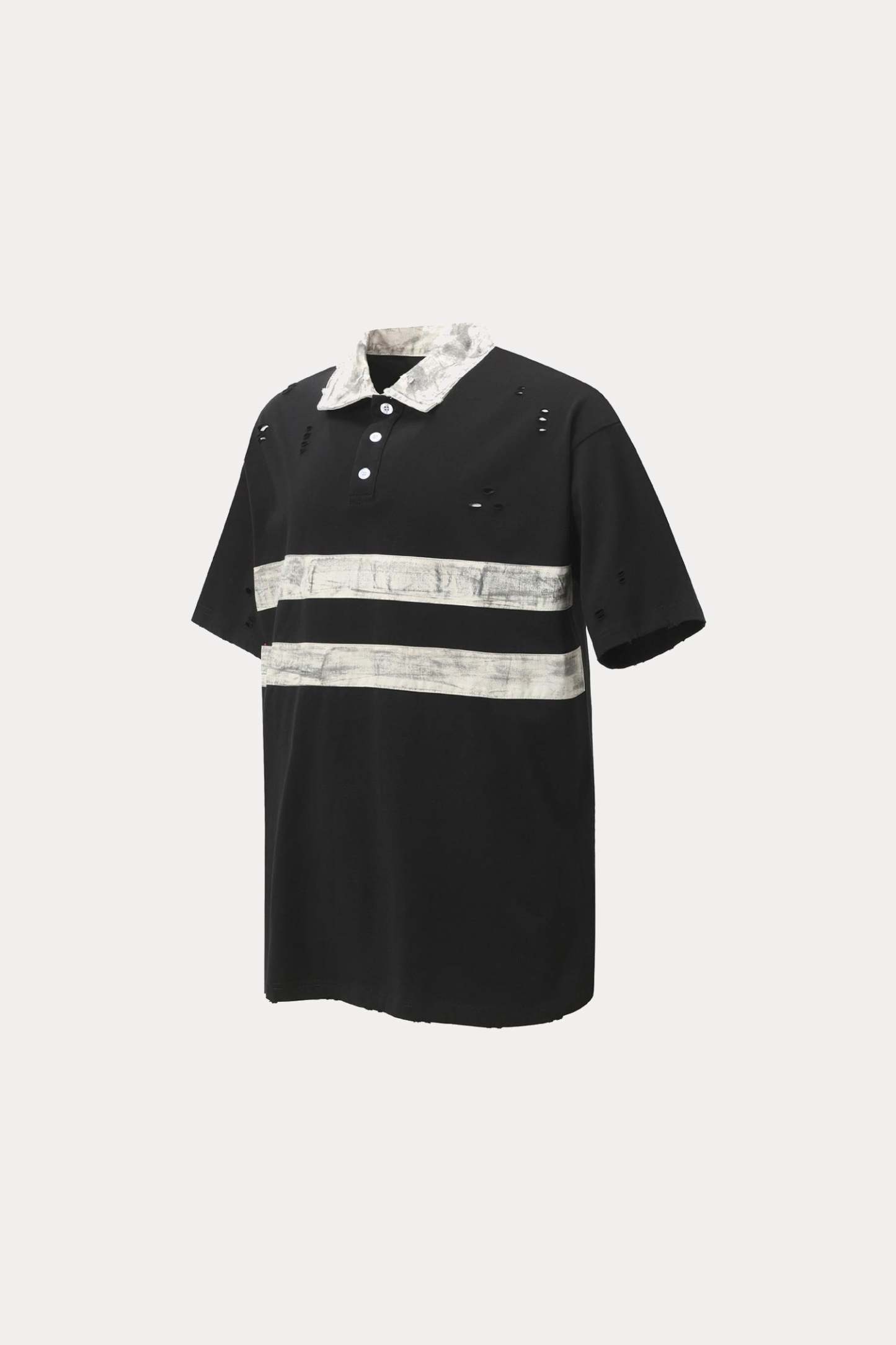 Evilnova Black Vintage Striped Distressed Polo Shirt-Evilnova