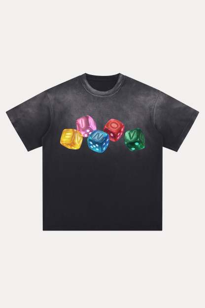 Evilnova Rainbow Dice Distressed Washed T-Shirt-Evilnova