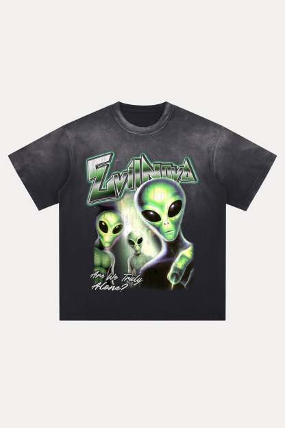 Evilnova Are We Truly Alone Distressed Washed T-Shirt-Evilnova