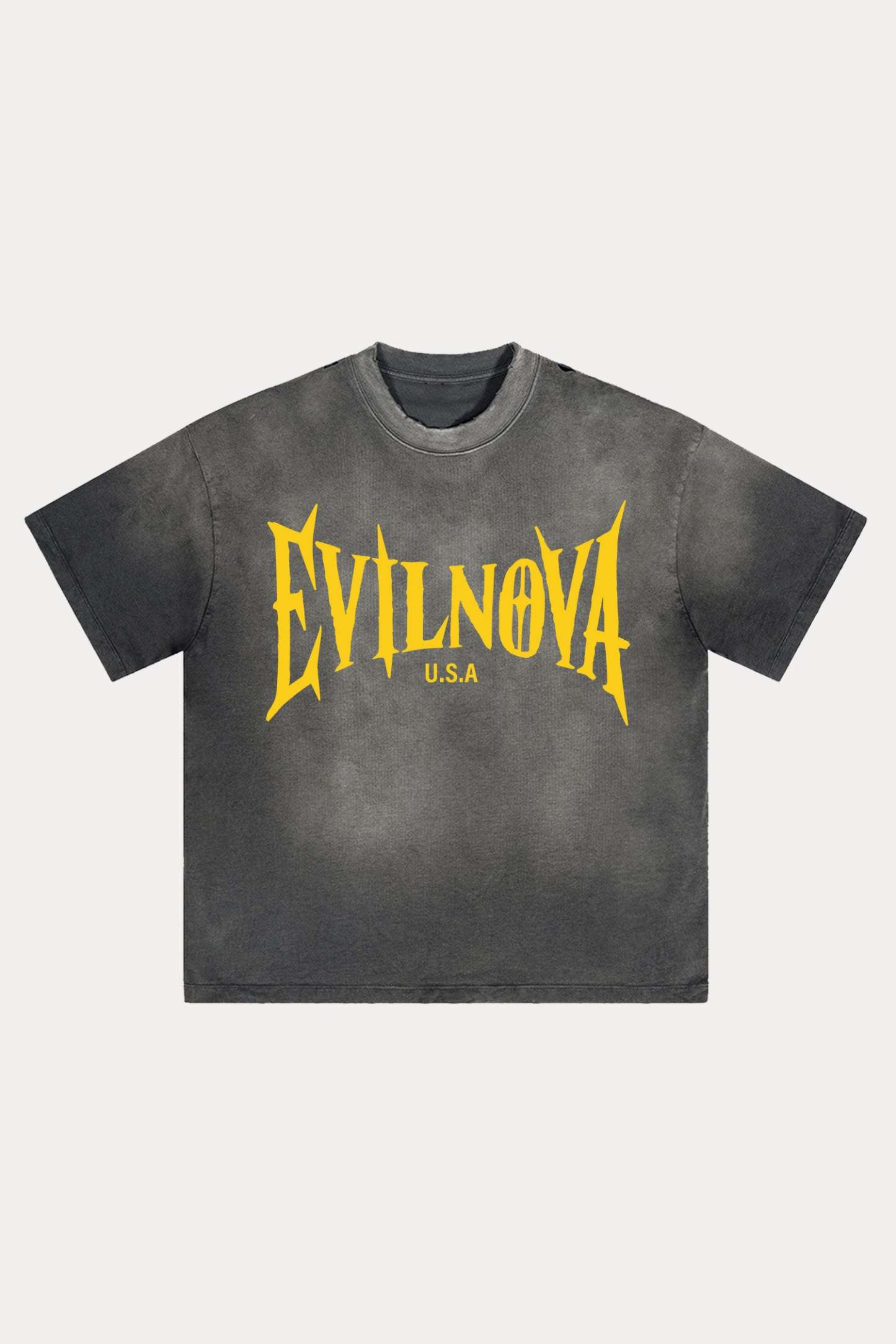Evilnova Dark Gray U.S.A Logo Distressed Washed T-Shirt-Evilnova