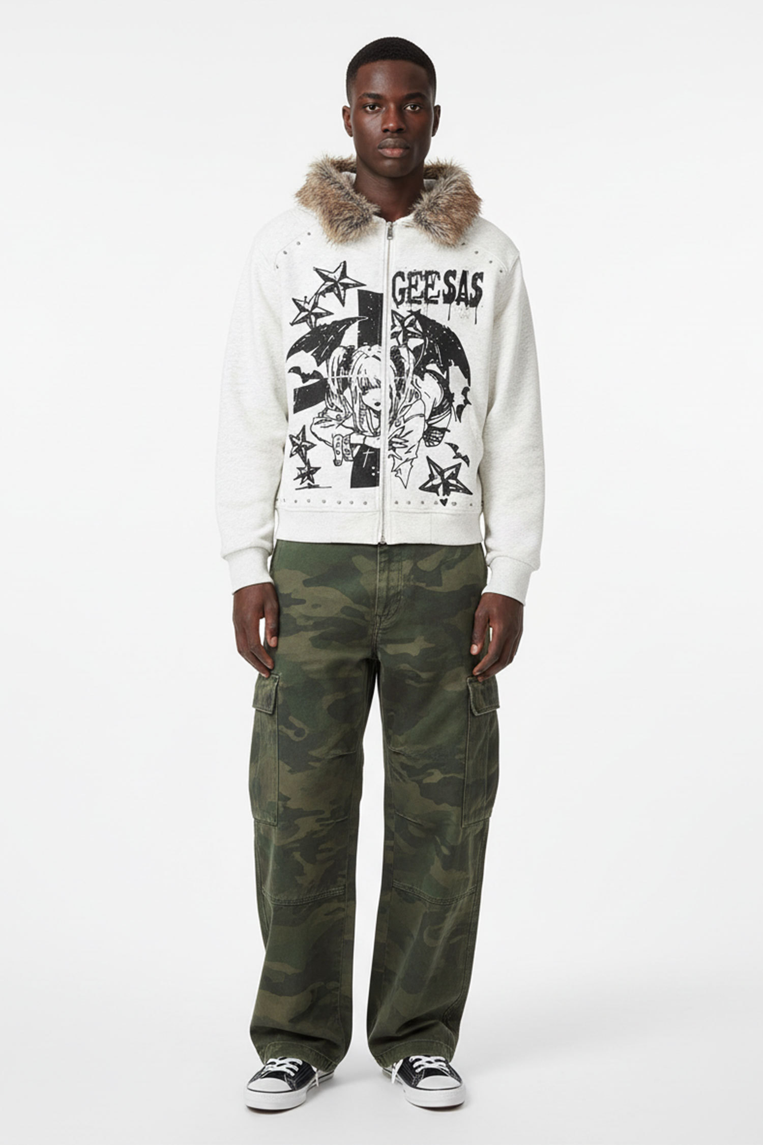 Evilnova Retro Fur Collar Cartoon Pattern Zip Up Hoodie