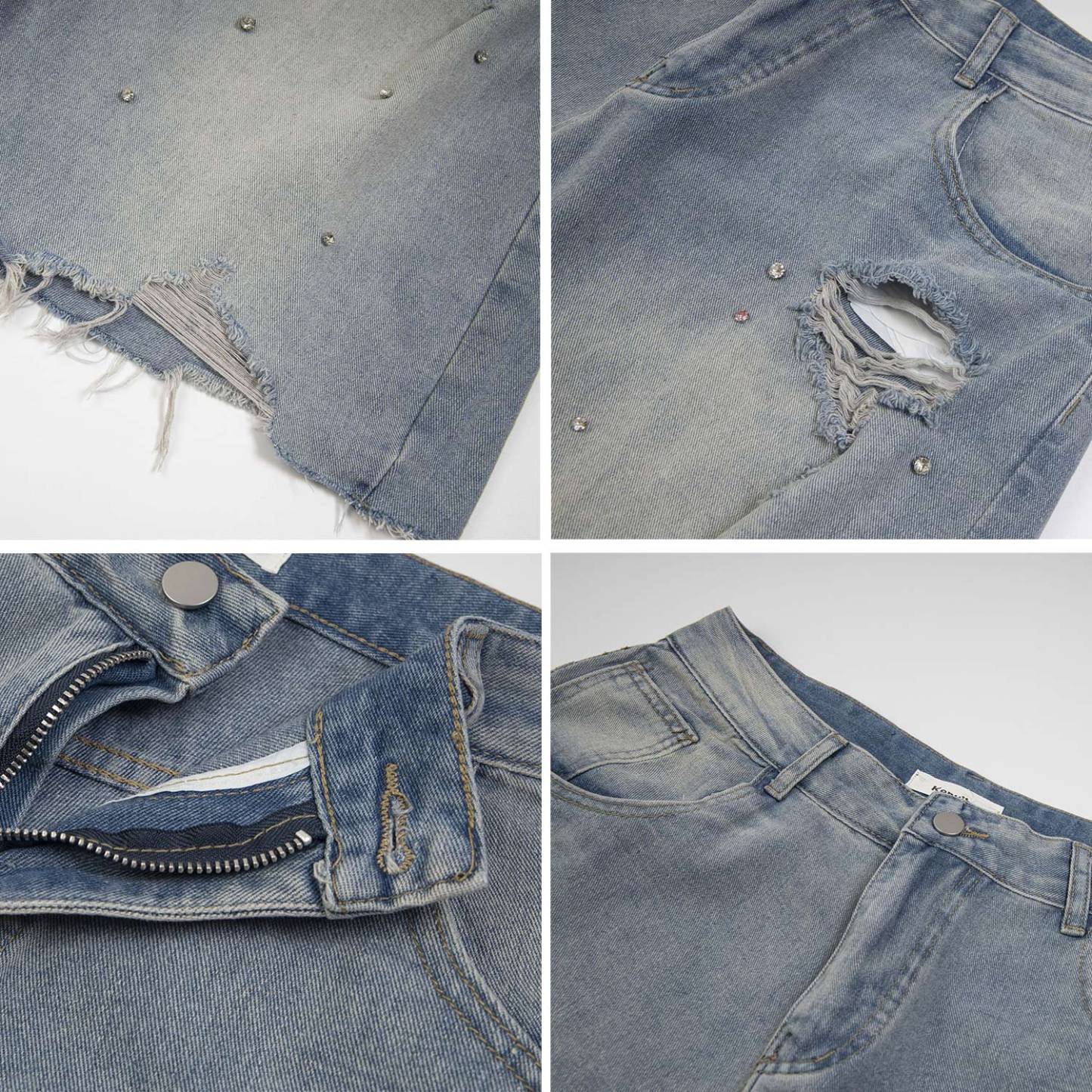 Evilnova Raw Washed Distressed Rhinestone Denim Shorts-Evilnova