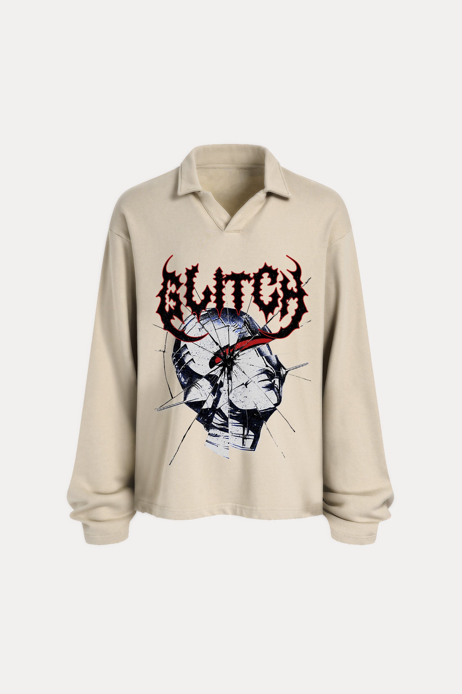 Evilnova Glitch Distressed Edge Buttonless Long Sleeve Polo Shirt-Evilnova