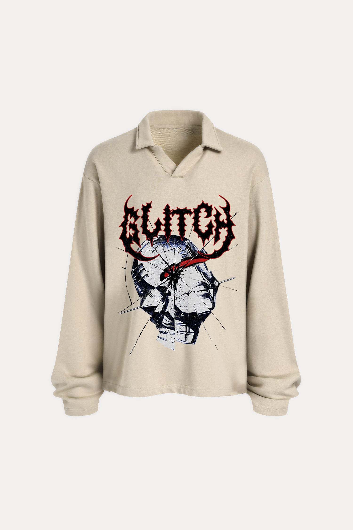 Evilnova Glitch Distressed Edge Buttonless Long Sleeve Polo Shirt-Evilnova