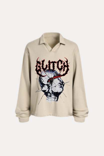 Evilnova Glitch Distressed Edge Buttonless Long Sleeve Polo Shirt-Evilnova