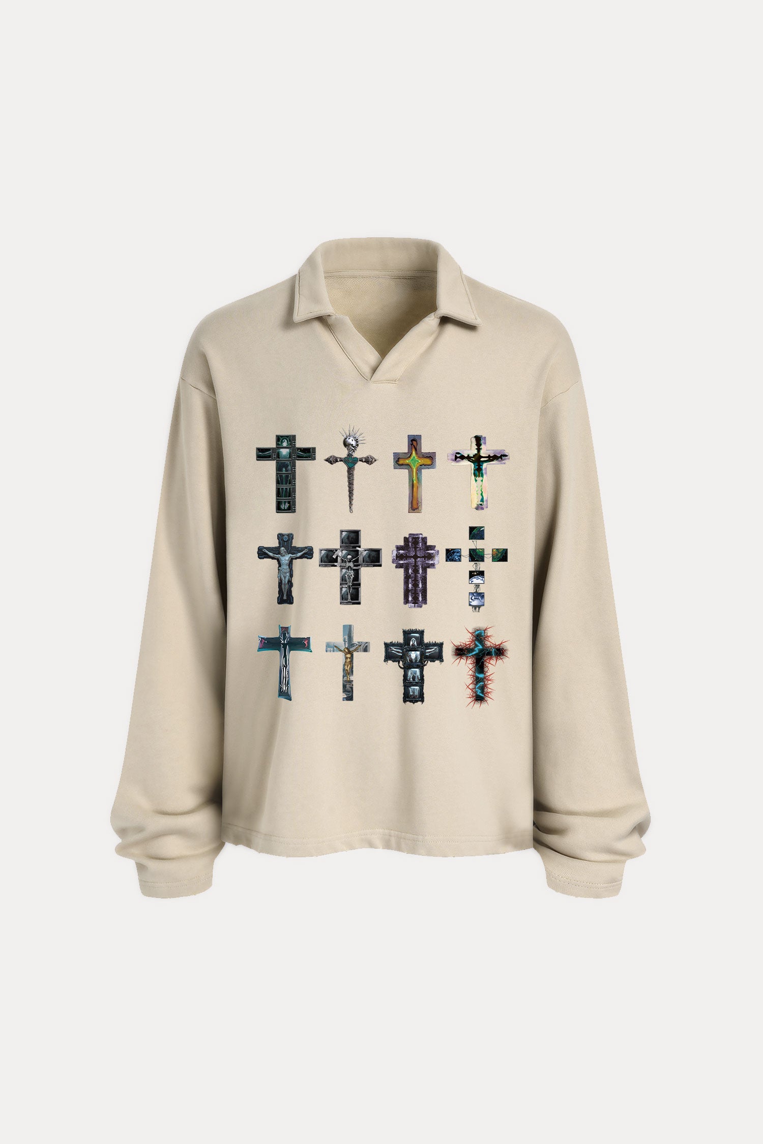 Evilnova Cyber Faith Crosses Distressed Edge Buttonless Long Sleeve Polo Shirt-Evilnova